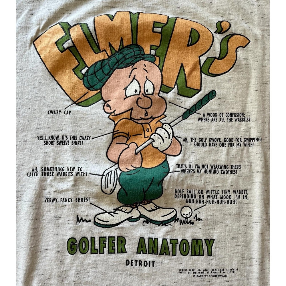 Vintage 1993 Looney Tunes Elmer Fudd Golfer Anatomy T-Shirt Oneita Large Detroit